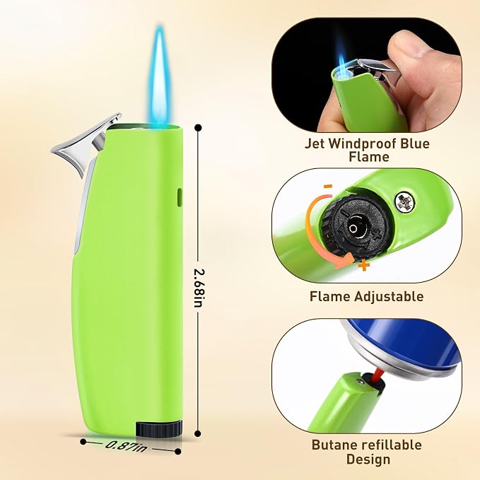 Women's Mini Butane Torch Lighter, Windproof Jet Flame Refillable Adjustable Candle Lighter for BBQ, Camping, Daily Use, Ideal Gift, 2 Pack (Green, Butane Not Included)