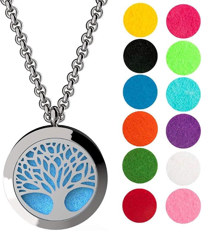 Wild Essentials Tree of Life Essential Oil Diffuser Necklace, Stainless Steel Locket Pendant with 24 inch Chain, 12 Color Refill Pads, Customizable Color Changing Perfume Jewelry for Aromatherapy