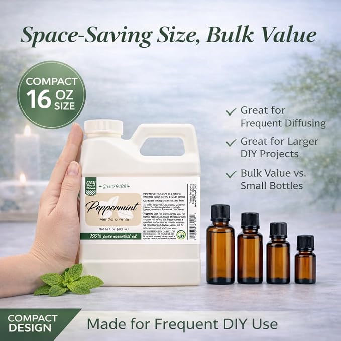 GreenHealth Peppermint Essential Oil – 16 fl oz | 100% Pure & Uncut | Heavy-Duty Plastic Jug | FDA Compliant, Space-Saving Container | for Aromatherapy, Soap, Candles, Cleaning, DIY