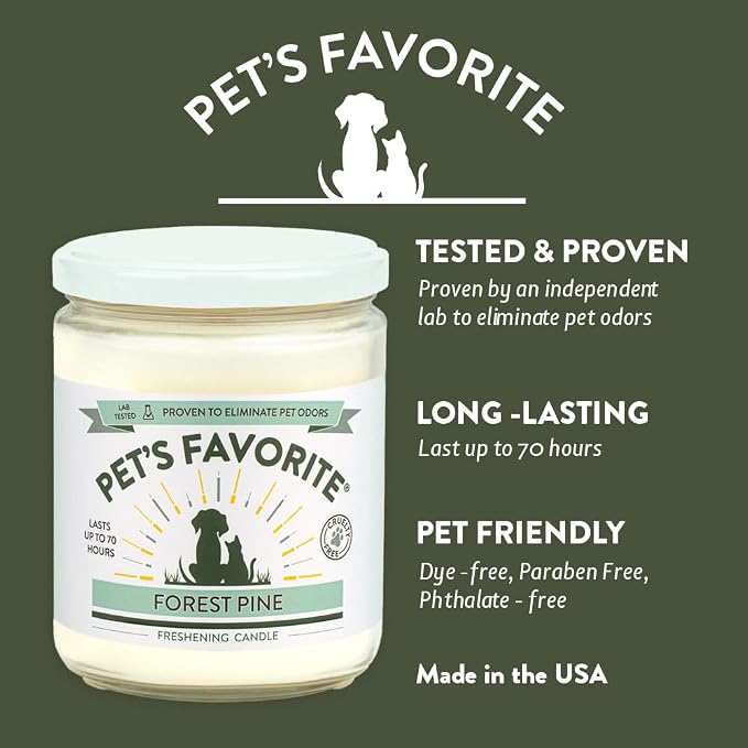 Pet's Favorite Plant Based Pet Friendly Candles Clean Burning Plant Based Odor Candle with a Natural Fiber Wick and 70 Hour Burn Time, Forest Pine