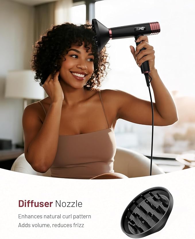 MESCOMB Travel Hair Dryer with Diffuser, 1875W Dual Voltage Ionic - Fast Drying & Frizz Control for Thick/Curly Hair, Lightweight Low Noise for Hotels/Apartments/Home Use, (110-240V),Black