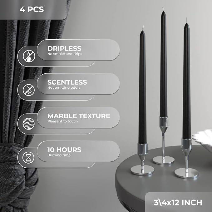 CANDWAX Black 12 inch Taper Candles Pack of 4 - Unscented Smokeless Dripless Tall Candle Sticks - Perfect for Home Decor, Special Occasions - Black Taper Candles (Packaging May Vary)