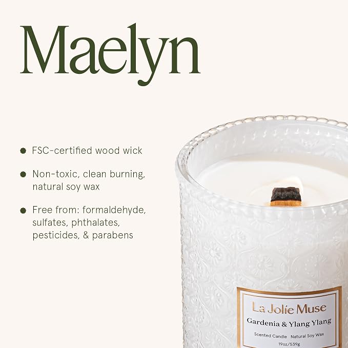 LA JOLIE MUSE Gardenia & Ylang Ylang Scented Candles for Home,19 oz Soy | Large Jar Luxury Candles, Clean Non Toxic, Gifts for Women & Mom, Decorative White Candle, Pretty Floral Candle, Wood Wick