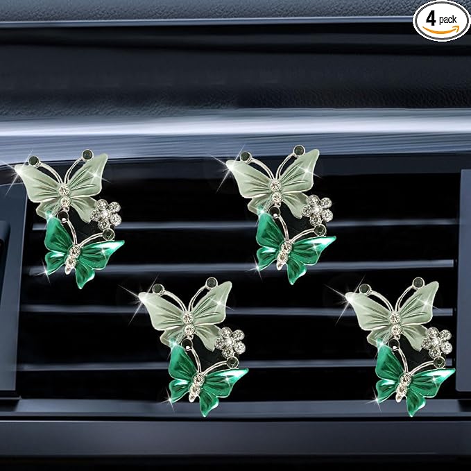 ZIMISI Car Vent Clip, Dual Butterfly Air Vent Clips, Bling Diamond Car Diffuser Clips, Cute Air Conditioning Outlet Decoration, Butterfly Car Accessories for Women (4Pcs/Green)