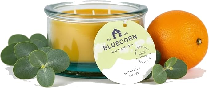 Bluecorn Botanica Beeswax 3-Wick Candle – Eucalyptus & Orange, 100% Pure Beeswax & Essential Oils – 10oz Hand-Blown Recycled Spanish Glass – Non Toxic, Clean Burning, Refillable Glass Jar