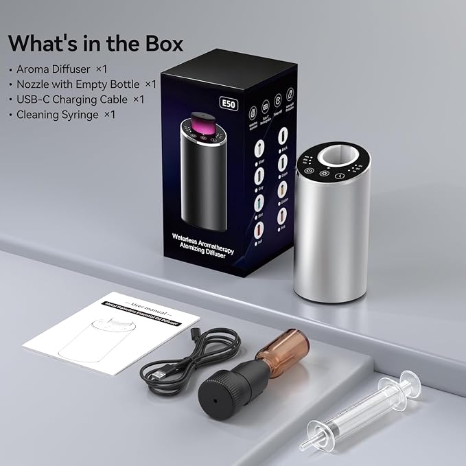 Waterless Essential Oil Diffuser Aromatherapy Scent Diffusers for Home Large Room, Bedroom, Car, Office, Desk, Battery Operated Mini Portable Air Freshener, 3 Countdown Timers & 3 Mist Levels, Silver