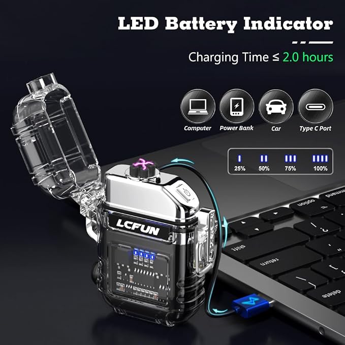 LcFun USB Rechargeable Electric Lighter, Windproof Plasma Dual Arc Lighters, Waterproof Flameless Lighter with Battery Display & Flashlight for Hiking, Camping Gear, Survival Kits