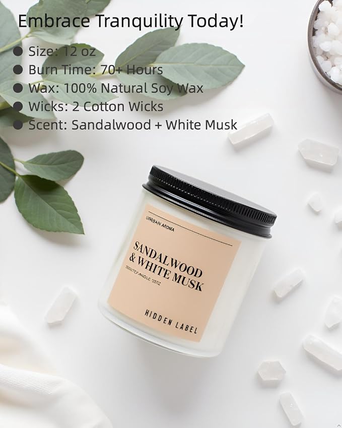 Hidden Label Sandalwood White Musk Soy Candle, 12oz 2-Wick, 70H Zen Calm | Non-Toxic Vegan Soy Wax | Sandalwood & White Musk Grounding Scent | Even Melt No Tunneling | Yoga Meditation Relaxation Gift