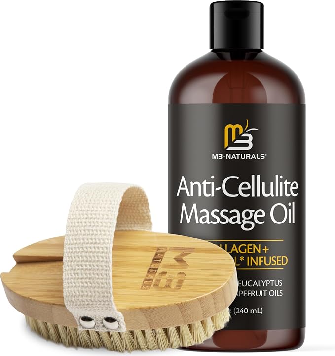 Anti Cellulite Massage Oil and Firm Dry Brush Kit | Collagen & Stem Cell Skin Tightening Kit | Radiant Body Care Kit for Women by M3