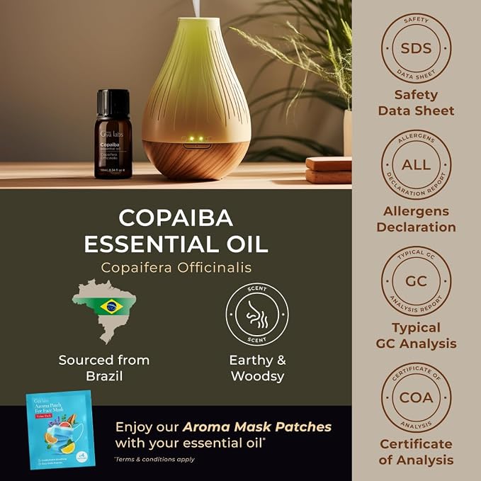 100% Pure Copaiba Essential Oil - 0.34 Fl Oz - Copaiba Oil for Hair, Skin, Diffuser, Aromatherapy & DIY Candle Making Scent