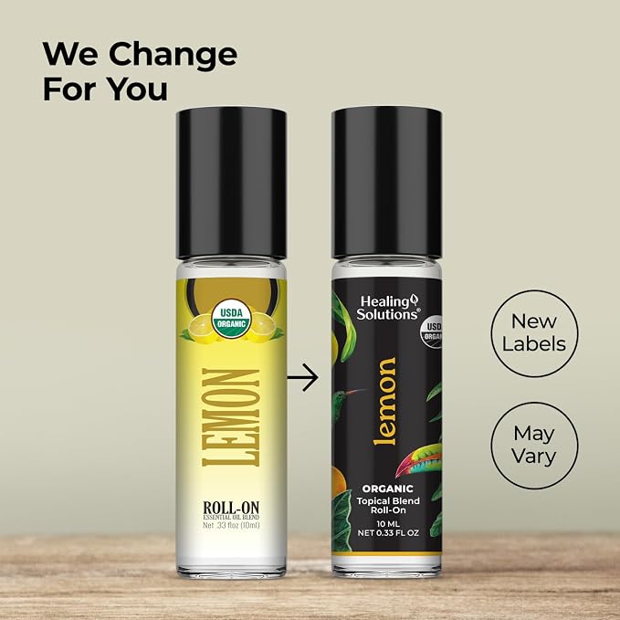 Healing Solutions - (2 Pack) Lemon Essential Oil Organic Roll On Set USDA Certified Perfume, Skin, Face, Body