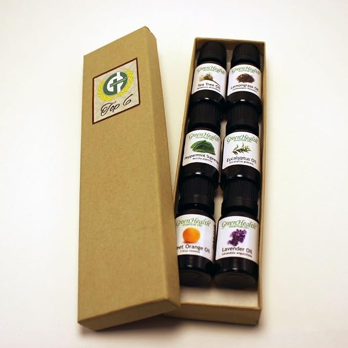GreenHealth Top 6 Essential Oil Gift Set – 100% Pure Therapeutic Grade – Lavender, Tea Tree, Eucalyptus, Lemongrass, Sweet Orange, Peppermint – Aromatherapy & Diffuser Oils 6x10ml