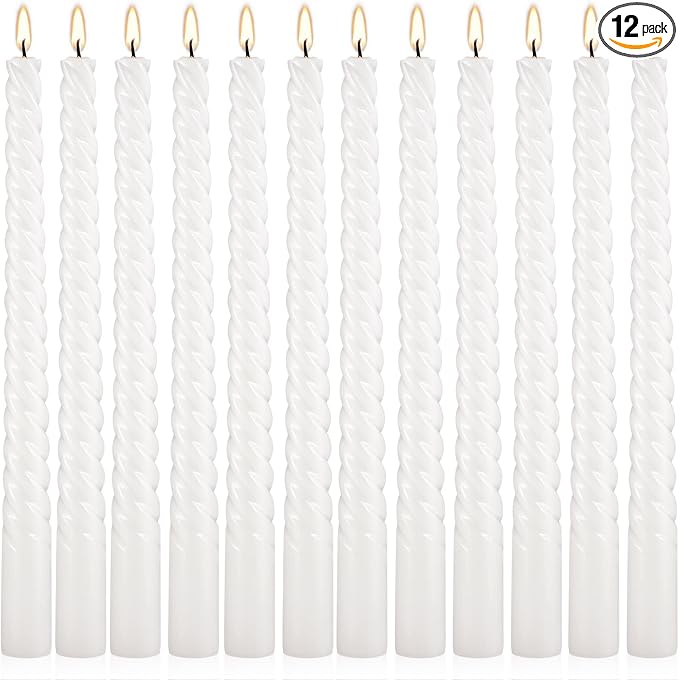 WPONSZU 10 Inch White Spiral Taper Candle Set of 12 Pack Unscented Dripless Candlesticks for Valentine's Day,Dinner,Party,Brithday,Wedding,Christmas,and Home Decoration