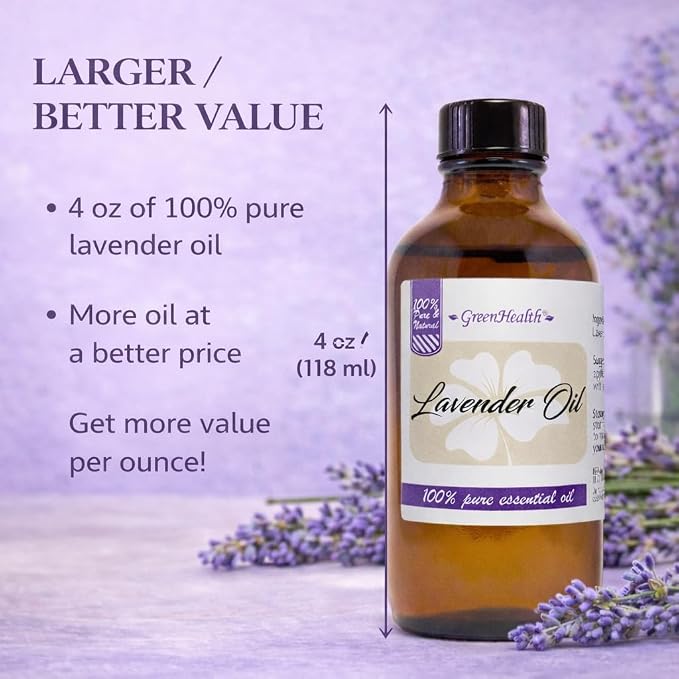 GreenHealth Lavender Essential Oil – 4 fl oz – Amber Glass Bottle - Therapeutic Grade, Premium Quality for Aromatherapy, Relaxation & Home Use