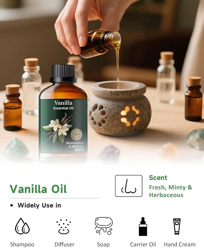 Vanilla Essential Oil, Pure Mumianhua Natural Vanilla Bean Oil for Diffuser, Warm Cozy Aroma, Skin Care, Perfume, Candle & Soap Making, DIY – 3.38 Fl Oz
