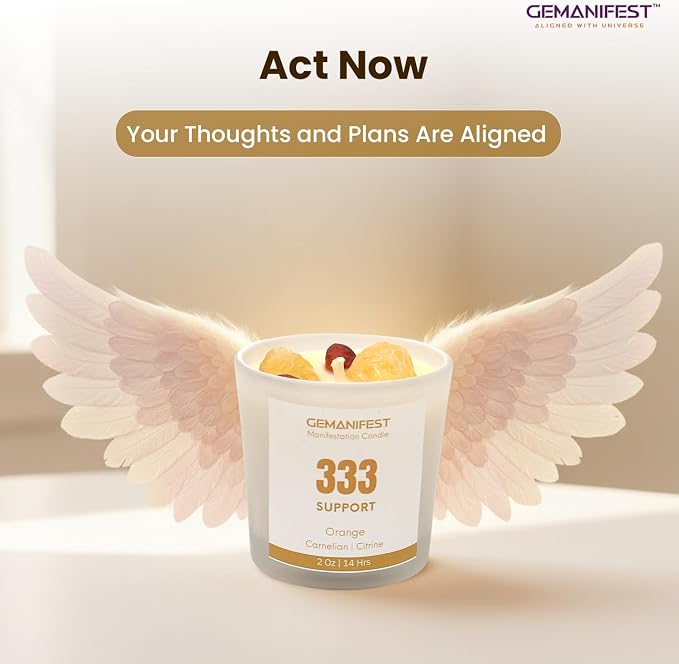 Angel Number 333 Manifestation Candle Crystal Infused Soy Wax with Citrine & Carnelian Orange Scented Spiritual Gift for Support Meditation Affirmation and Energy Alignment