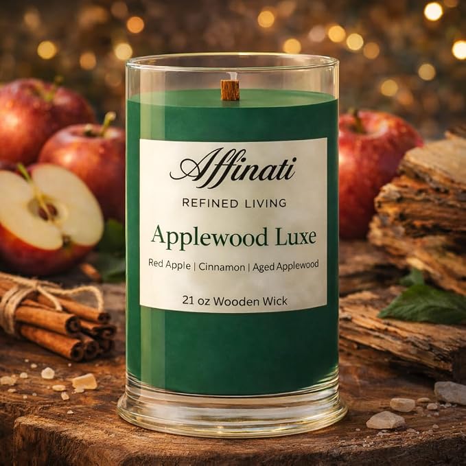 Affinati Applewood Luxe Large Scented Candle, 21 oz Wooden Wick Tumbler – Highly Fragrant Long Lasting Premium Orchard Wood Fragrance, Soy Blend