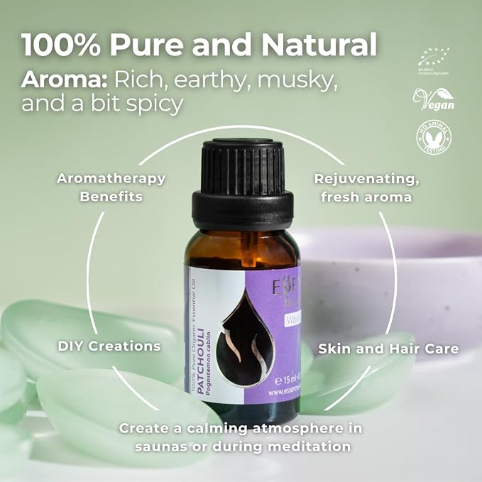 Essences Bulgaria Organic Patchouli Essential Oil 0.51 Fl Oz 15ml Pogostemon cablin - 100% Pure Natural Undiluted Therapeutic Grade for Aromatherapy Diffuser Sauna, DIY Perfume, Soap and Candle Making