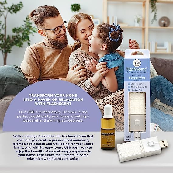 Belle Aroma® FlashScent™ Aromatherapy Diffuser USB – Portable Essential Oil Diffuser for Car, Office Desk & Travel – Waterless Mini Air Diffuser Kit with Peppermint & Lavender Oil & 7 Refill Pads