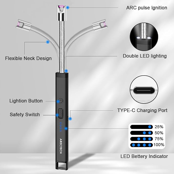 ARECTECH Candle Electric Lighter Rechargeable USB Arc Lighter for Candle Camping Fireworks Christmas Birthday Gifts with LED Light for Men Women Black