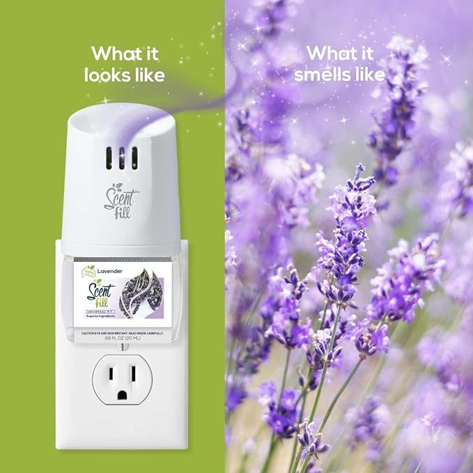 Scent Fill 100% Natural Lavender Plug in Refills Air Freshener, Scented Oil Refills, 4 Refills + Diffuser