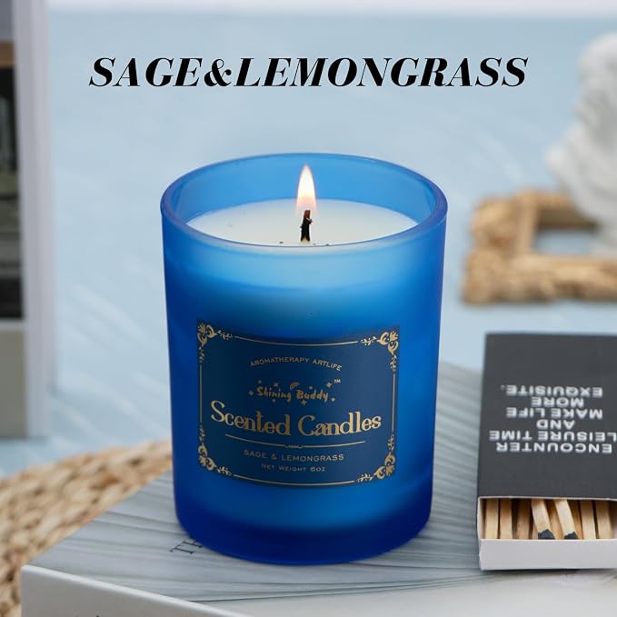 Sage & Lemongrass Scented Soy Candles for Home Spa Aromatherapy Candles with Natural Essential Oils | Long-Lasting Outdoor/Indoor Use, Calm Relaxation Gifts– 6OZ