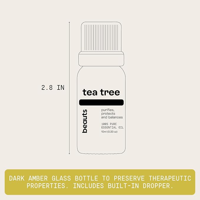 Beauts Premium Tea Tree Oil – 100% Pure & Natural Tea Tree Essential Oil for Skin, Hair, Nails & Diffuser – Fresh, Clarifying & Purifying – Melaleuca Alternifolia – 10 mL (0.33 fl oz)