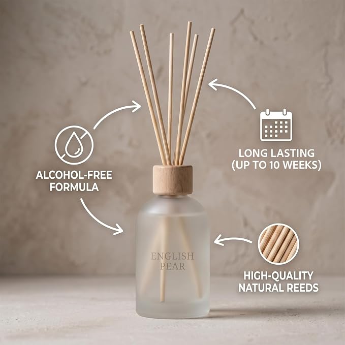 Reed Diffuser Set 6.7 oz Scented Oil Diffuser with 6 Fiber Sticks, Long Lasting Home Fragrance for Bathroom Shelf Decor, Living Room, Office Aromatherapy Gift 01 (English PEAR)