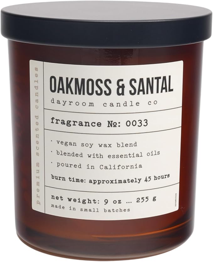 LEOBEN CO – Oakmoss & Santal Scented Candle – 9oz, Dayroom Collection Design – 50 hr Burn time – Poured in California Using Vegan Soy Wax and Essential Oils – Made in Small Batches