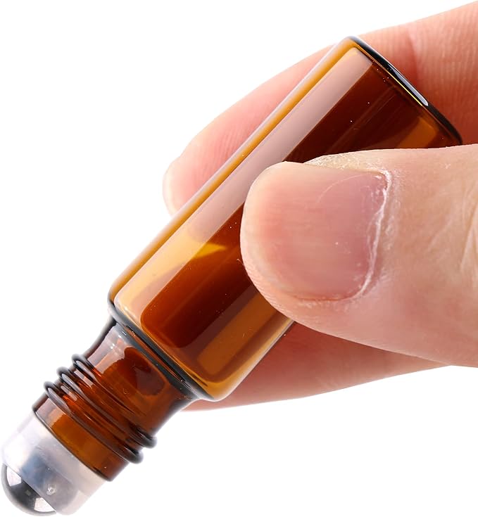 MaxMau 24 Pack 5ml Amber Glass Roller Bottles for Essential Oils,Roll on Bottle with Stainless Steel Roller Balls Golden Painted Caps for Daily Aromatherapy Sample Test Travel