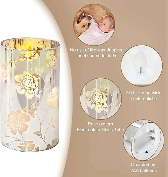 Floral Glass Flameless Candles Rose Romantic Battery Operated Candles with Remote Flickering LED Silver Real Wax Pillar Candle for Valentine's Day Wedding Party Home Christmas Decor, Set of 3