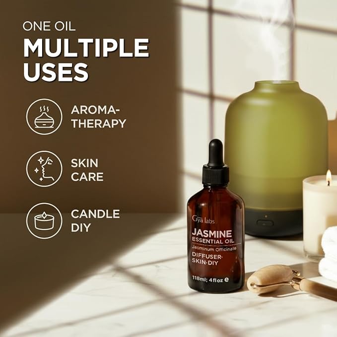 100% Pure Jasmine Essential Oil - 4 Fl Oz - Jasmine Oil for Hair, Skin, Diffuser, Aromatherapy & DIY Candle Making Scent