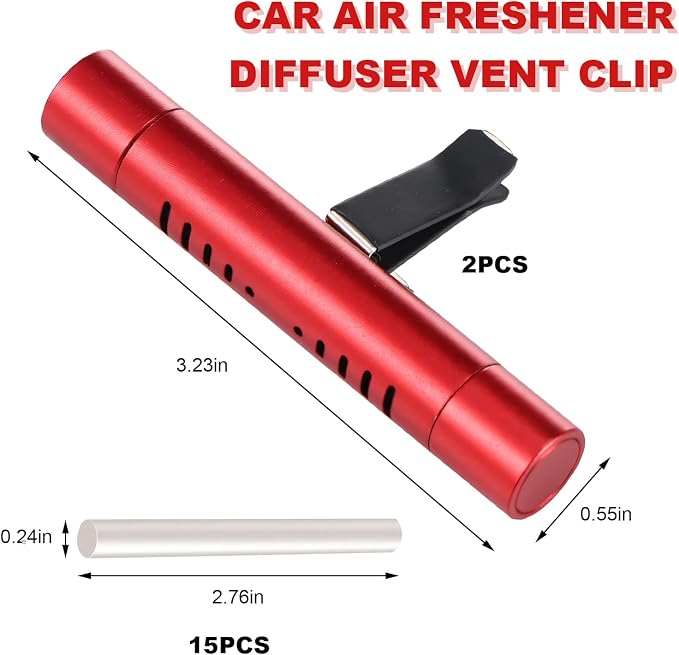 2 PCS Car Air Freshener Diffuser Vent Clips, Refillable Cylindrical Oil Diffuser Clip with 12 Unscented Refill Sticks, Essential Vent Air Freshener Interior Decor for Women Men (Red)