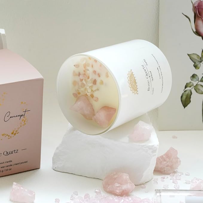 Rose Quartz Crystal Candle – 10oz / 280g | French Vanilla Aromatherapy | Hand-Poured Soy Wax | Genuine Rose Quartz Healing Crystals Embedded | Love, Spiritual & Purity | Gift Box Included