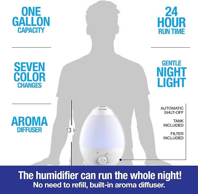 Bell+Howell Ultrasonic Changing Humidifier, Aroma Diffuser, 7 Color LED, Auto Off Function, Night Light and All in One, White