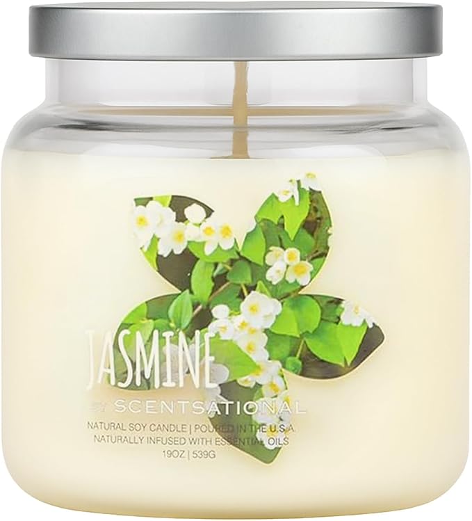 Scentsational Jasmine Candle – Large 19 Oz Hand-Poured Soy Candle in Elegant Glass Jar – Non-Toxic Decorative Candles with Clean Burn – Jasmine Scented Candles for Relaxation, Gifting & Home Décor