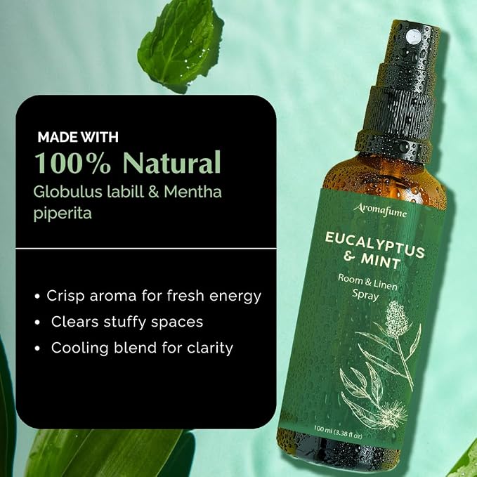 Eucalyptus & Mint Room, Linen & Pillow Spray by Aromafume | 100ml/3.38fl oz | with Pure Eucalyptus & Mint Essential Oil | Aromatherapy | Mist for Bedding, Fabrics