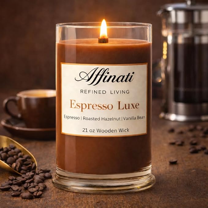 Affinati Espresso Luxe Large Scented Candle, 21 oz Wooden Wick Tumbler – Highly Fragrant Long Lasting Premium Coffee Shop Fragrance, Soy Blend