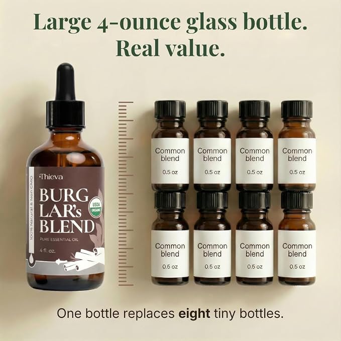 THIEVA Burglar’s Blend Essential Oil 4 oz – USDA Organic Pure Oil Blend for DIY Household Cleaning Seasonal Home Wellness and Diffuser Aromatherapy