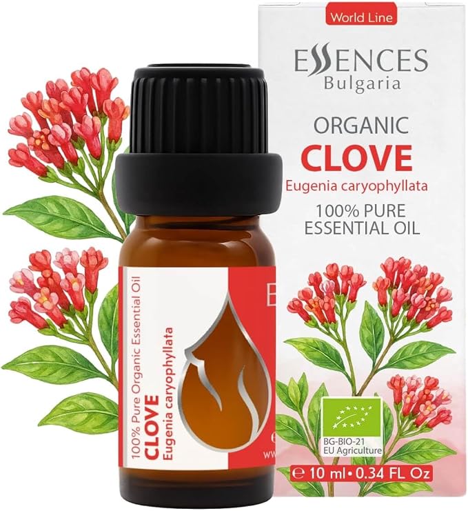 Essences Bulgaria Organic Clove Essential Oil 0.34 Fl Oz | 10ml | Eugenia caryophyllata | 100% Pure and Natural | Undiluted | Therapeutic Grade | Aromatherapy | Cosmetics | Cruelty Free | Non-GMO