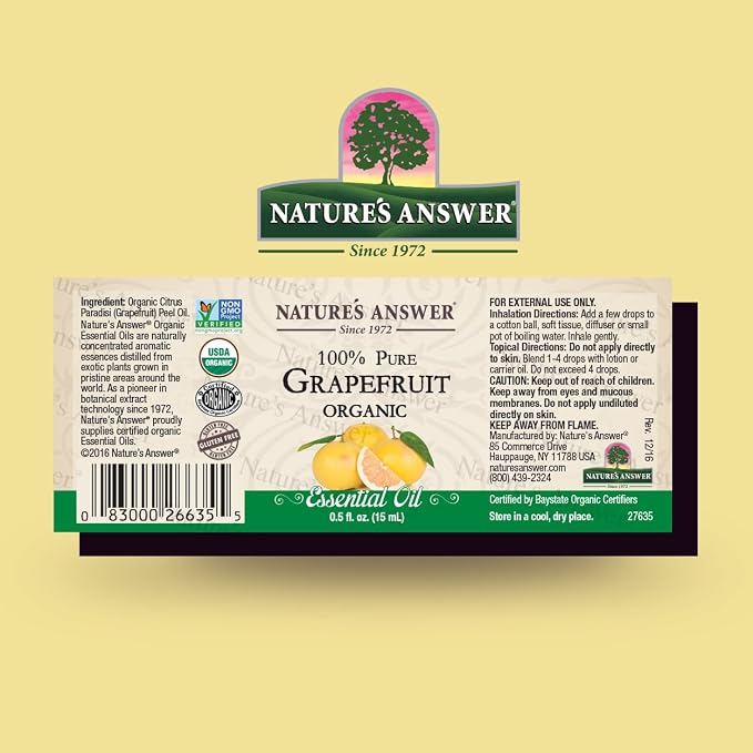 Nature’s Answer USDA Organic Grapefruit Essential Oil, 100% Pure | Natural Aromatherapy Oil for Diffuser/Humidifier, Steam Distilled 0.5 fl oz. (15ml) | Made in USA