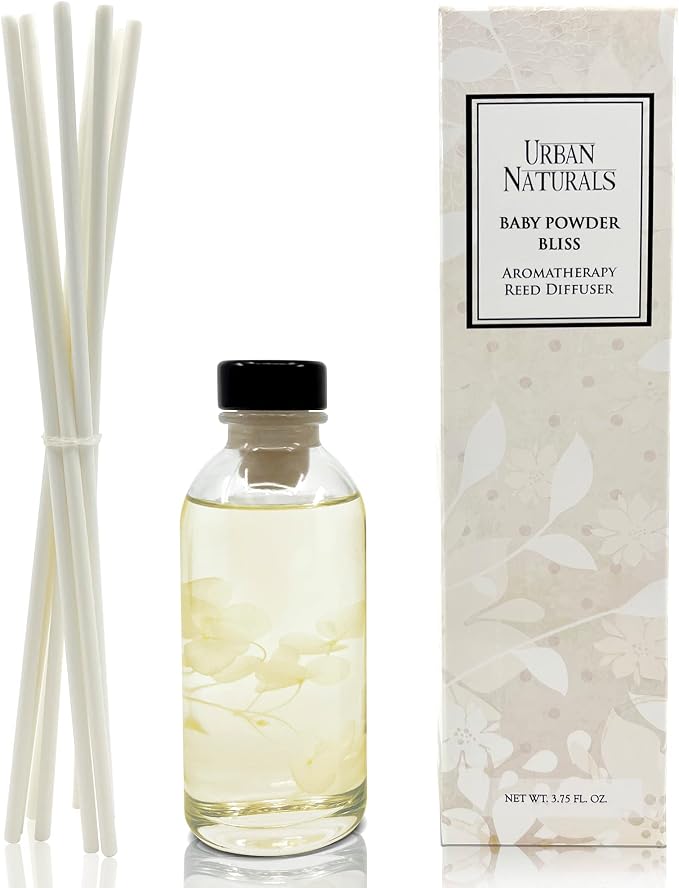 Urban Naturals Baby Powder Bliss Reed Diffuser Set | Made with Essential Oils & Real Botanicals | Powdery Floral Notes, Rose, Geranium, Musk & Cedar | Makes a Great Gift | Made in the USA
