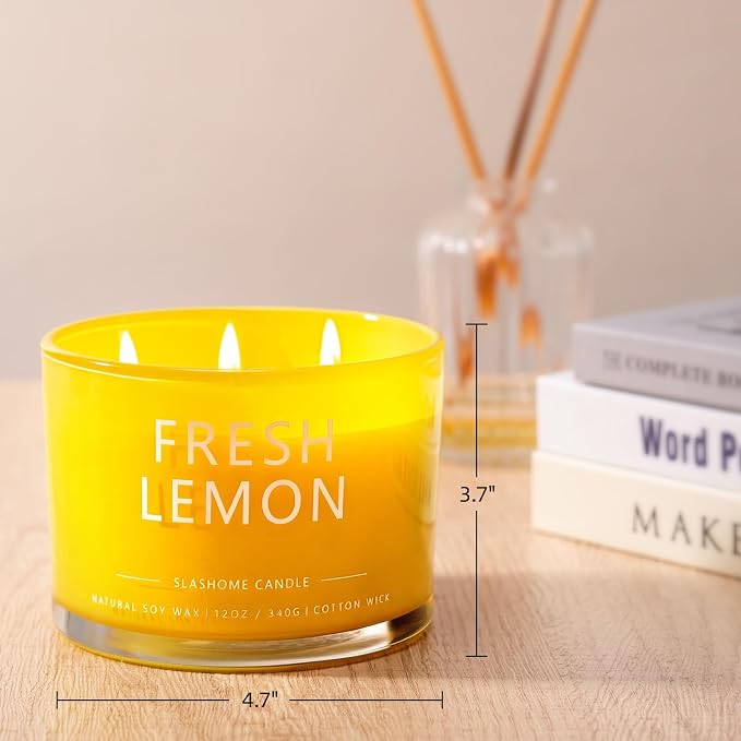 Fresh Lemon Scented Candle, Luxury Large 3 Wick Soy Candle 12 Oz, 60+ Hour Long Lasting Clean Burn, Elegant Aromatherapy Home Decor, Housewarming & Birthday Gift for Men & Women