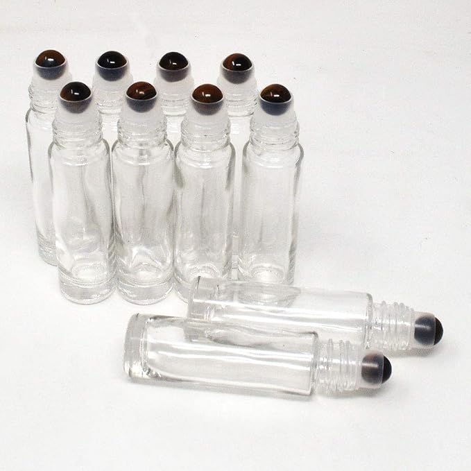 fengshuisale 10pcs Clear 10ml Empty Refillable Glass Bottles with Crystal Semiprecious Stones Essential Oil Gemstone Roller Ball Bottles with Silver Lid with Free Bag W3900 (Tiger Eye)