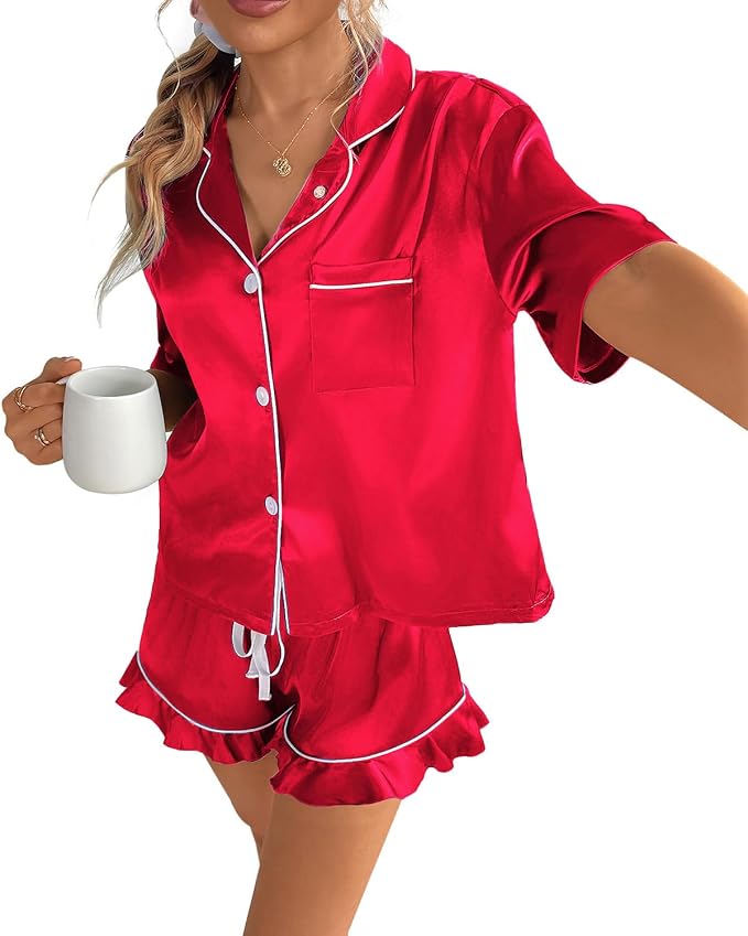 CHYRII Women's Silk Satin Pajamas Two Piece Pj Sets Short Sleeve Tops Ruffled Shorts Sleepwear with Magnetic Diffuser