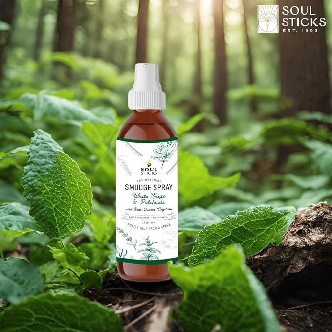 SOUL STICKS White Sage & Patchouli Smudge Spray For Cleansing and Negative Energy | 3.5oz White Sage Smudge Spray with Real Quartz Crystals | Car Fragrance Sage Room Spray for Spiritual Cleansing
