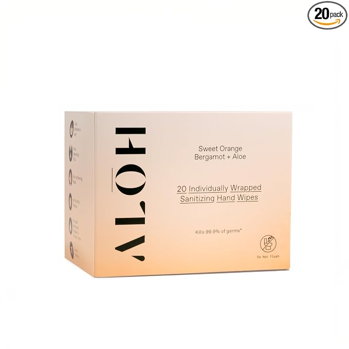 ALŌH Skin - Softening Sanitizing Hand Wipes – Sweet Orange Bergamot (1 Box of 20 Individual Wrapped Wipes)