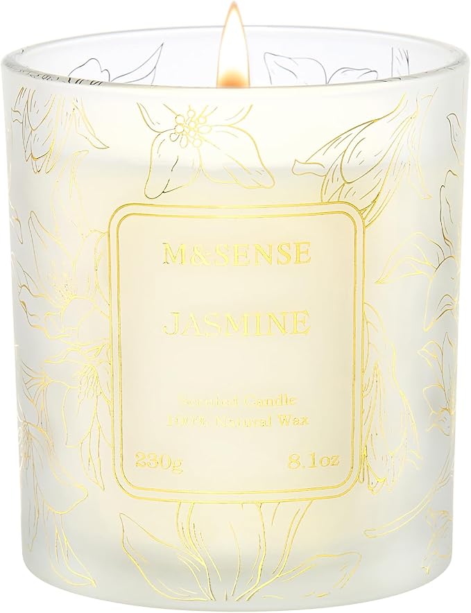 M&SENSE Jasmine Soy Candle, 8.1oz 42H Non-Toxic Long Burning, Fresh White Floral, Summer Night Aromatherapy Gift for Women