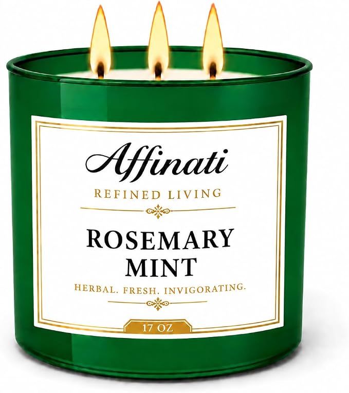 Affinati Rosemary Mint 3 Wick Scented Candle – Large Soy Blend Candle, Strong Scent Throw Fresh Herbal Spa Aromatherapy Candles for Home, Premium Room Odor Eliminator Gift