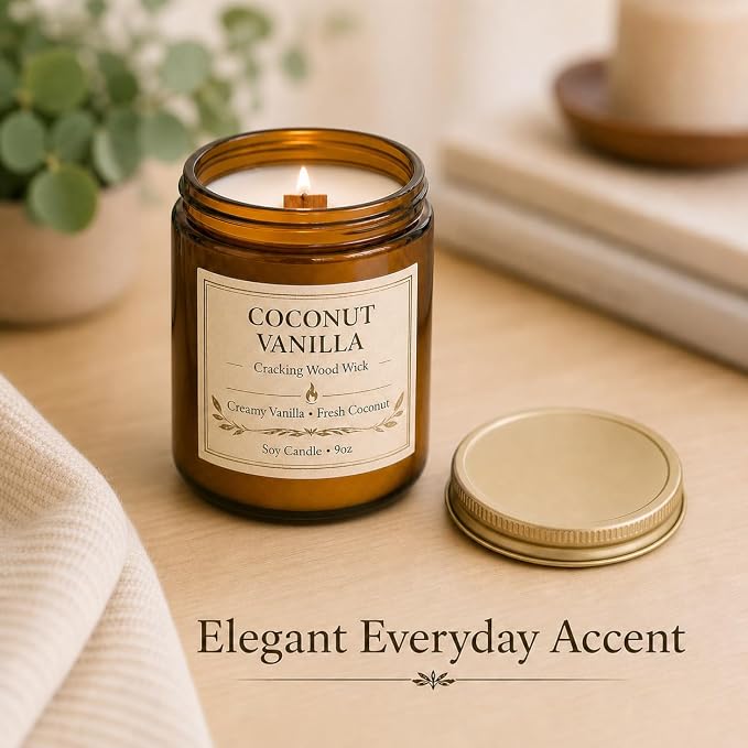 Coconut Vanilla Scented Candles for Home, 9oz Long Burning Soy Candles for Women, Wood Wick Natural Non Toxic Candle Jar, Aromatherapy Candle Gift for Home Bedroom Bathroom Office
